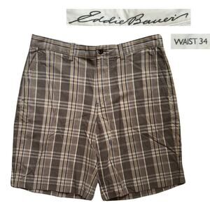 NWT Eddie Bauer Plaid Flat Front Mens Shorts Brown Size 34 10 in Inseam Menswear